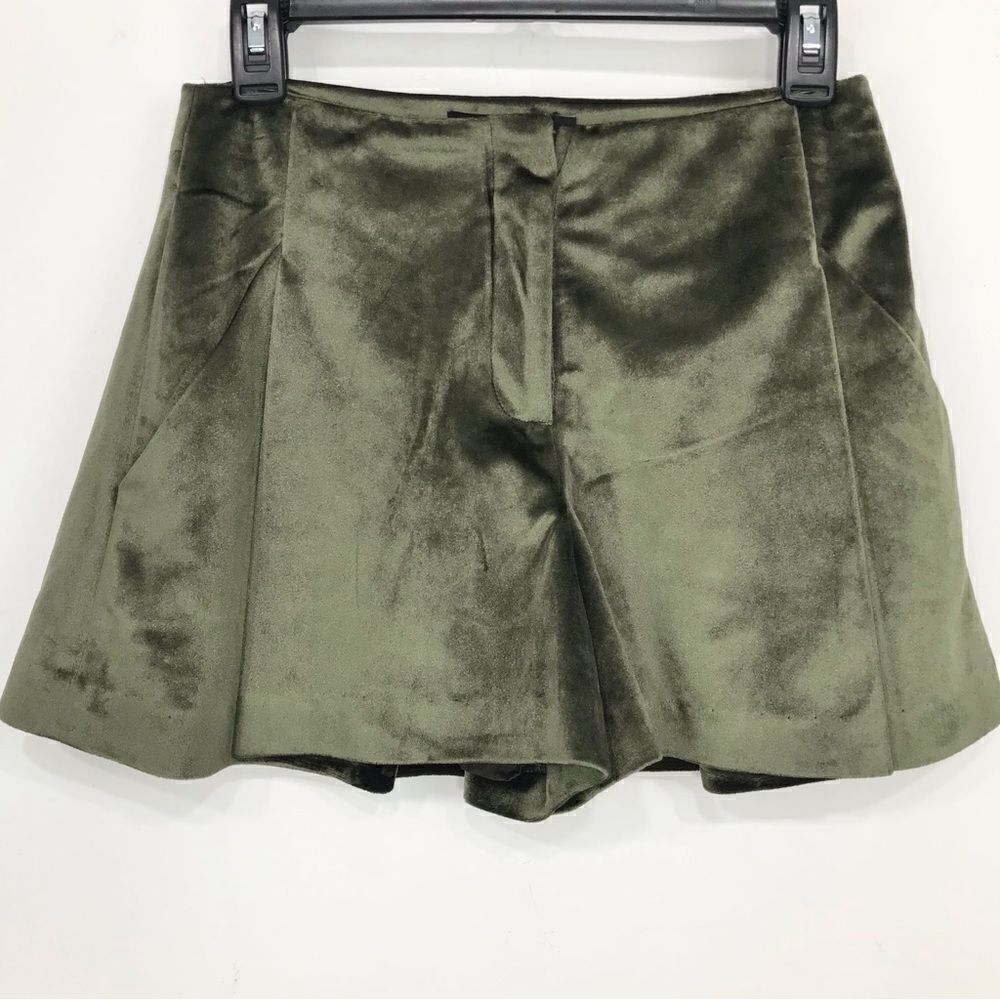 Bellenista Olive Green Velvety Holiday Wide Leg Skirt Shorts